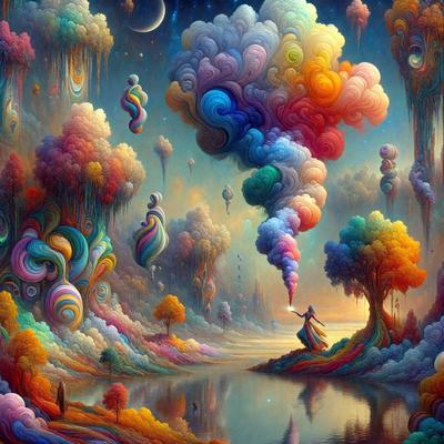 The primary subject of the image is a woman standing on a hill, surrounded by a vibrant and colorful landscape. The setting includes a body of water, a forest, and a sky filled with colorful clouds. The visual style of the image is a digital art or illustration, with a focus on the woman and the lush, imaginative environment. The colors and mood of the image are bright, cheerful, and whimsical, with a sense of wonder and fantasy.